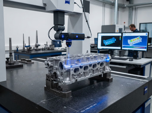 High-precision industrial CMM laser probe 3D scanning a complex metal component in quality control metrology lab