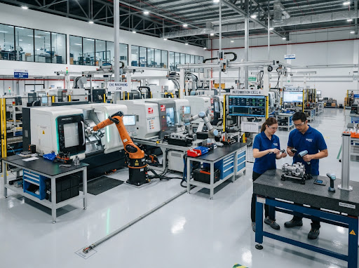 Modern high-tech industrial smart factory with automated robotic arms